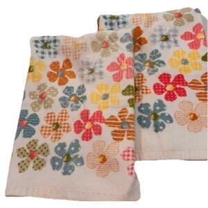 Vintage 70s MCM 2 Kitchen Hand Tea Dish Towel Floral Daisy Hippie Grannycore